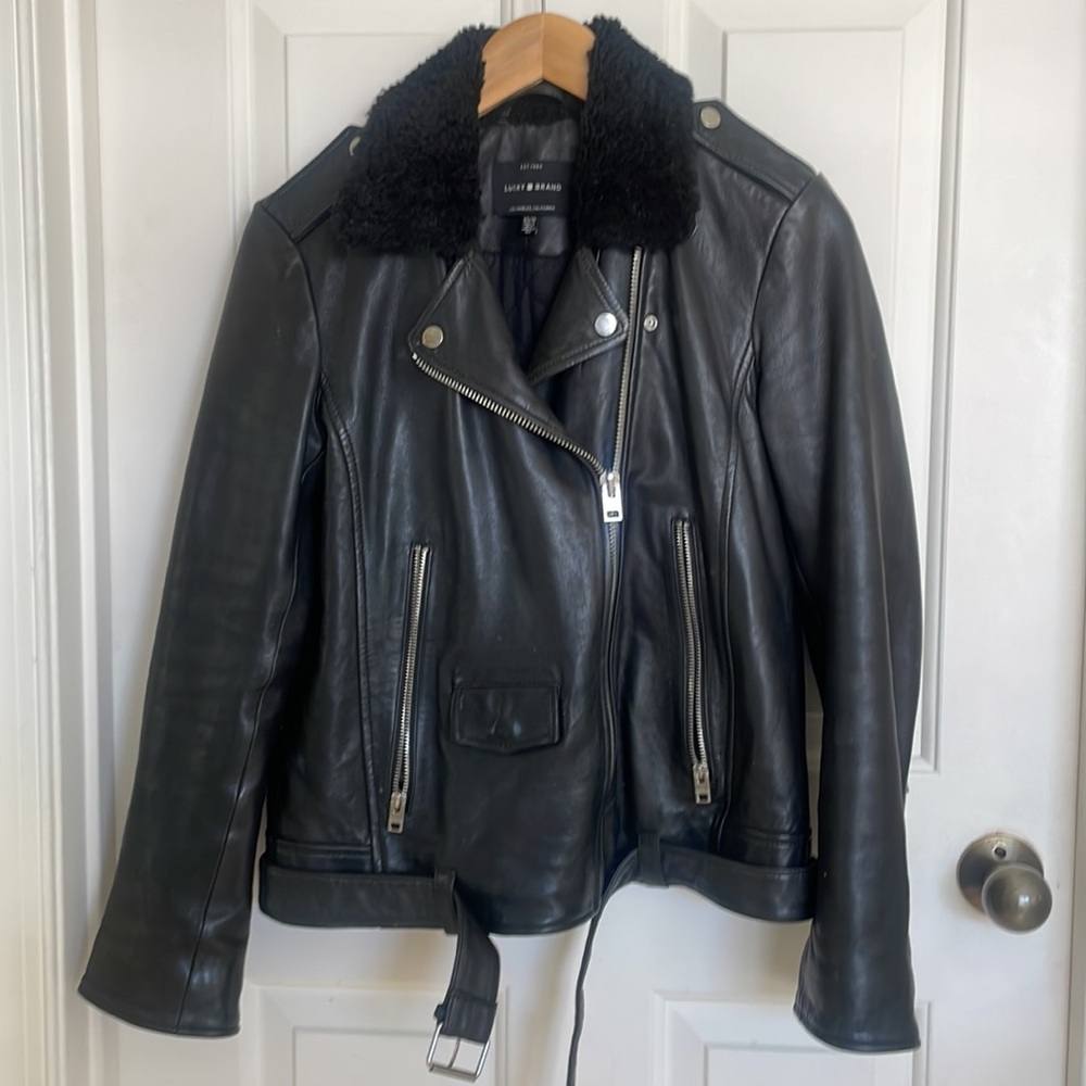 Lucky Brand Leather Moto Jacket belted faux fur collar XS